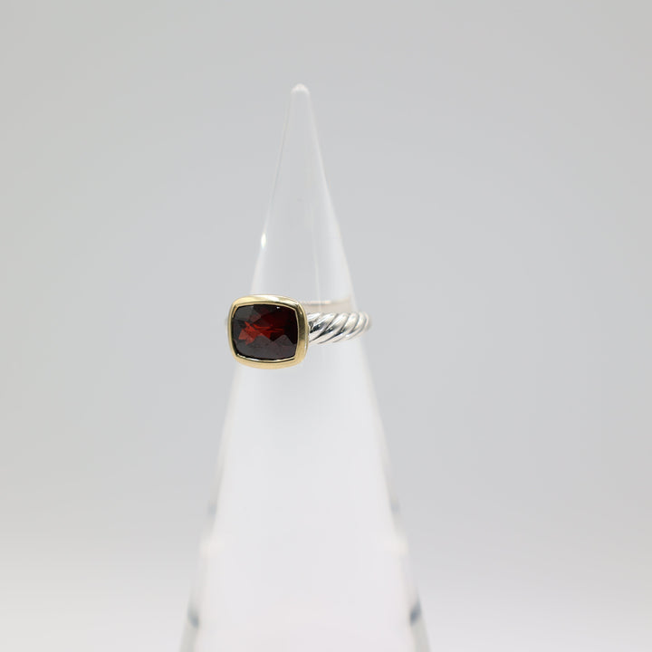 David Yurman Two Tone Garnet Noblesse Ring Yellow Gold Sterling Silver Size Six