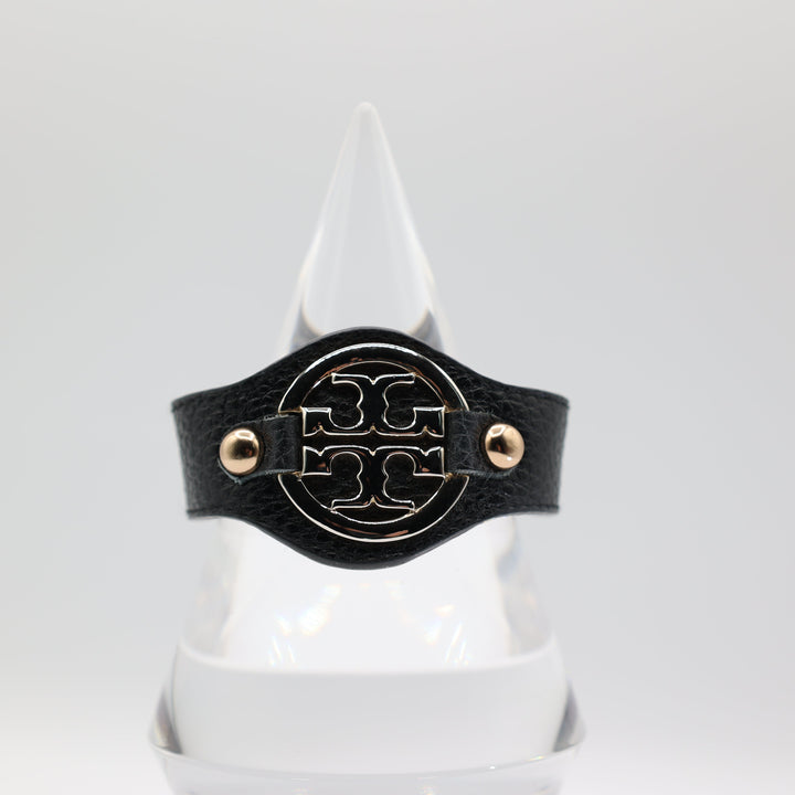 Tory Burch Black Leather Gold Tone Logo Bracelet