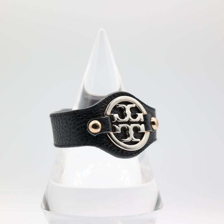 Tory Burch Black Leather Gold Tone Logo Bracelet
