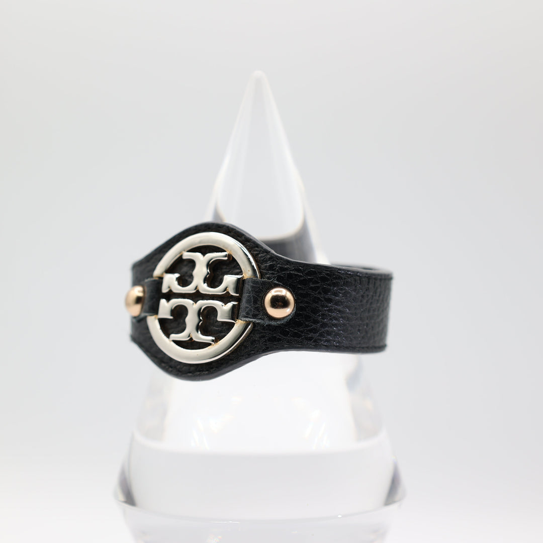 Tory Burch Black Leather Gold Tone Logo Bracelet