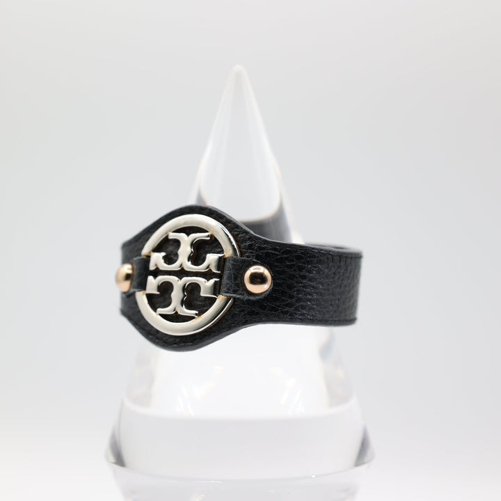 Tory Burch Black Leather Gold Tone Logo Bracelet