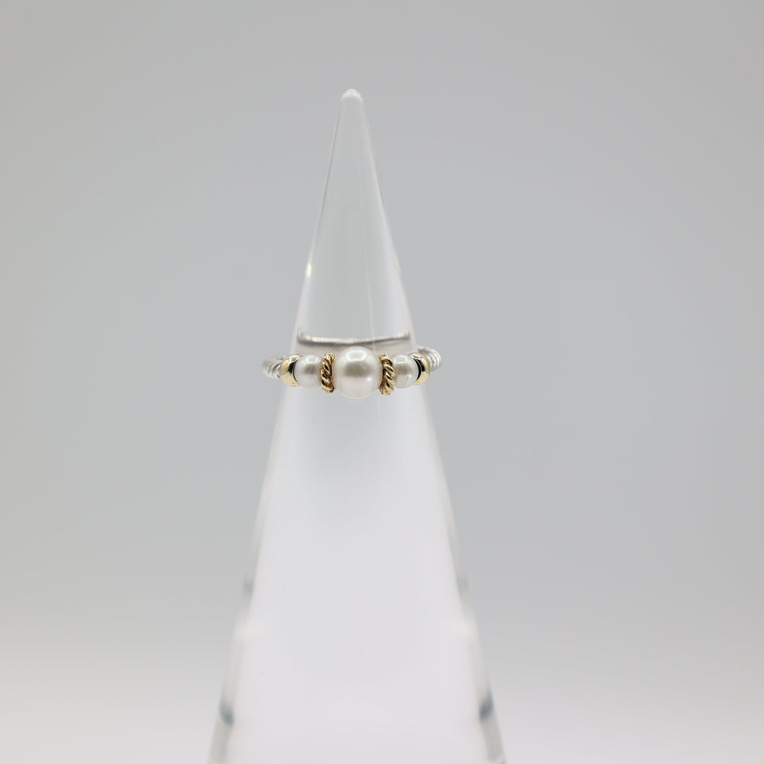 David Yurman 925 Sterling Silver With 18k Yellow Gold Cable Pearl Ring Size 7