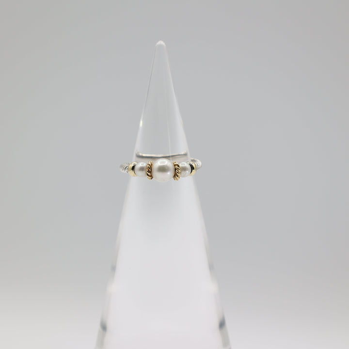 David Yurman 925 Sterling Silver With 18k Yellow Gold Cable Pearl Ring Size 7