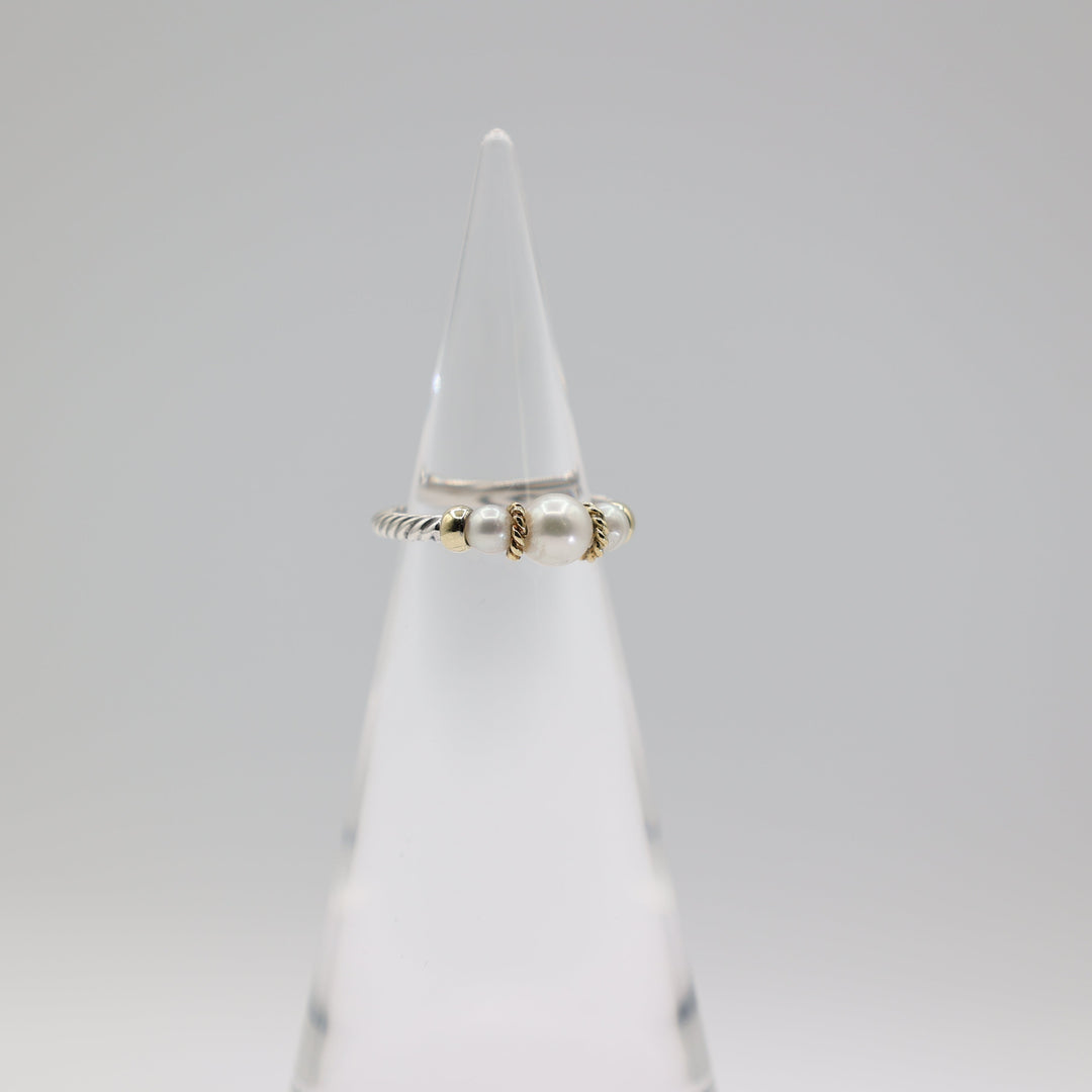 David Yurman 925 Sterling Silver With 18k Yellow Gold Cable Pearl Ring Size 7