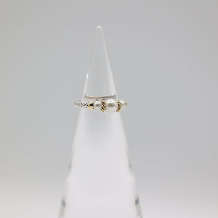 David Yurman 925 Sterling Silver With 18k Yellow Gold Cable Pearl Ring Size 7