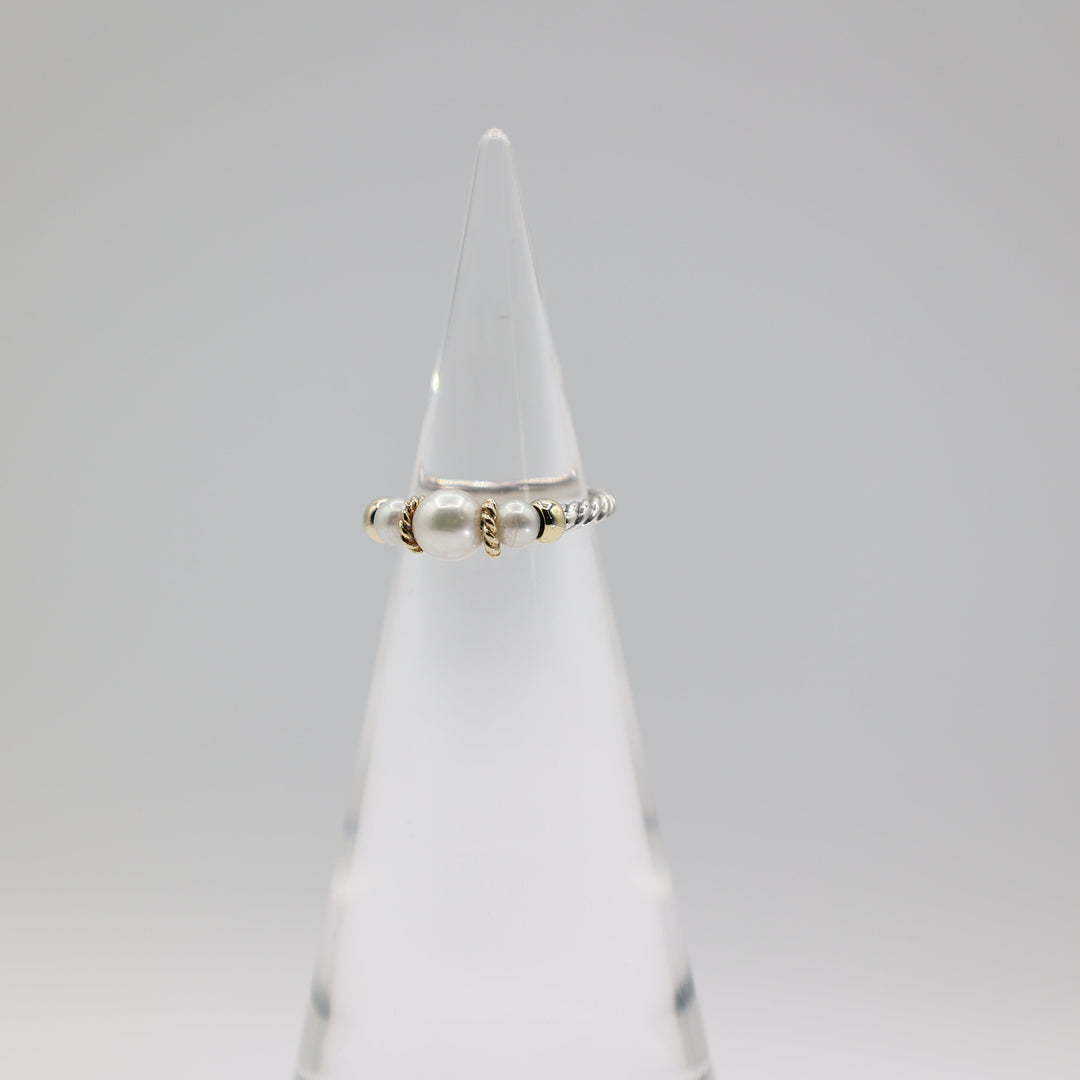 David Yurman 925 Sterling Silver With 18k Yellow Gold Cable Pearl Ring Size 7