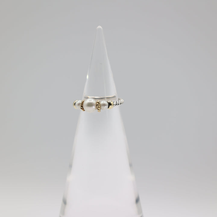 David Yurman 925 Sterling Silver With 18k Yellow Gold Cable Pearl Ring Size 7