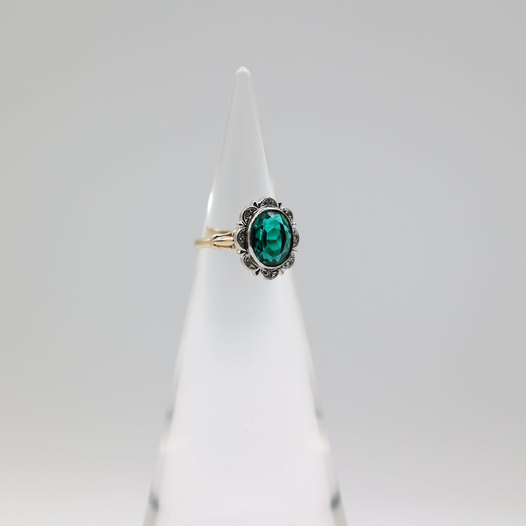 10K Yellow Gold Oval Cut Green Crystal Ring With Scalloped Diamond Border 4.75