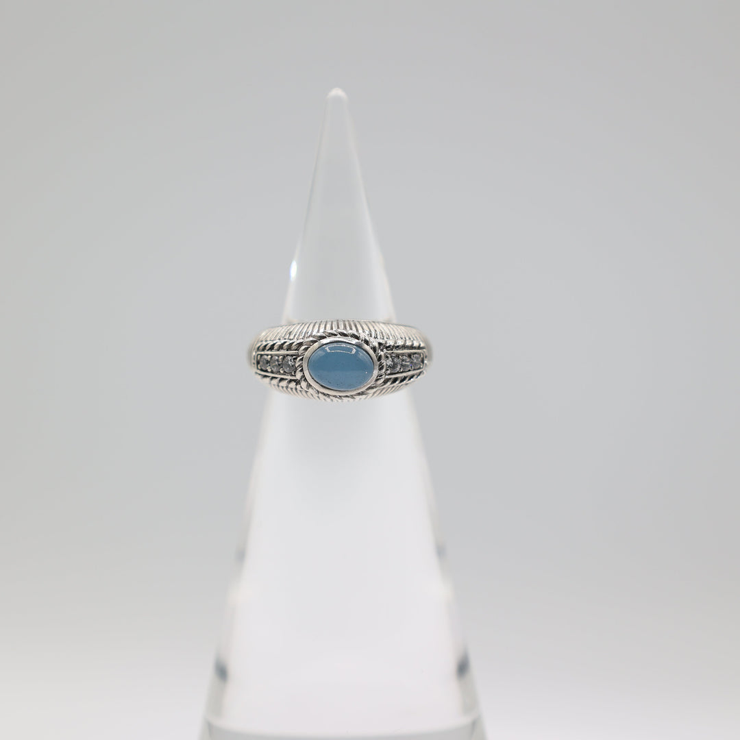Judith Ripka 925 Sterling Silver Blue Chalcedony Cabochon Gemstone Ring with Diamond Accents Size 8