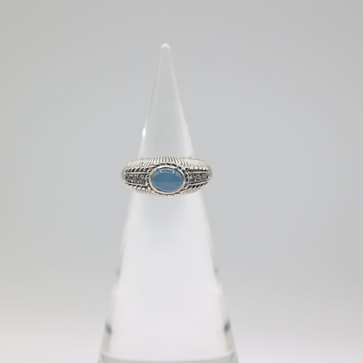 Judith Ripka 925 Sterling Silver Blue Chalcedony Cabochon Gemstone Ring with Diamond Accents Size 8
