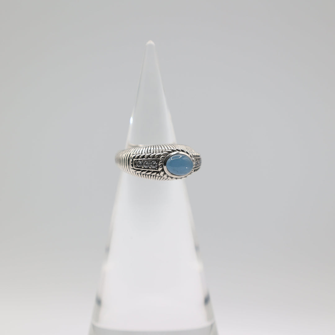 Judith Ripka 925 Sterling Silver Blue Chalcedony Cabochon Gemstone Ring with Diamond Accents Size 8