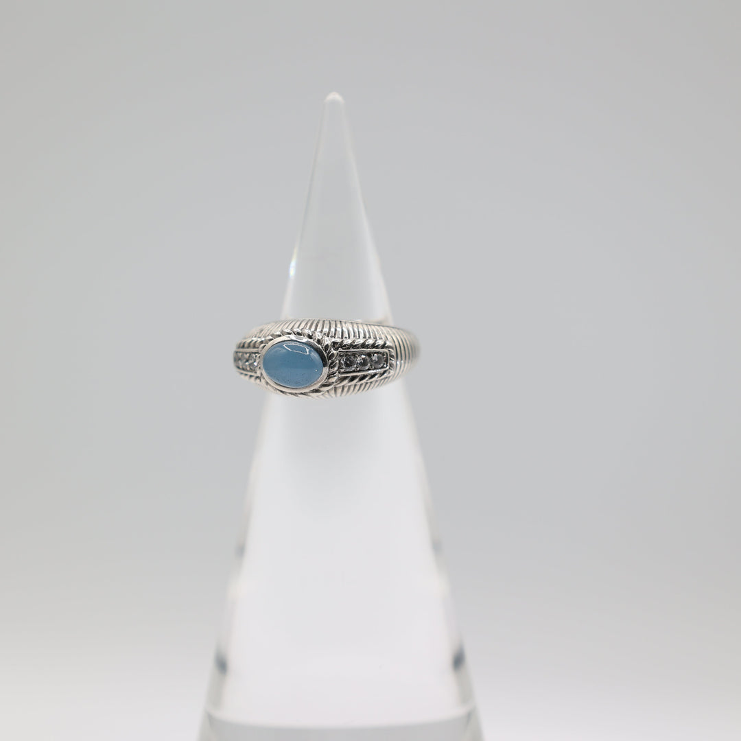 Judith Ripka 925 Sterling Silver Blue Chalcedony Cabochon Gemstone Ring with Diamond Accents Size 8