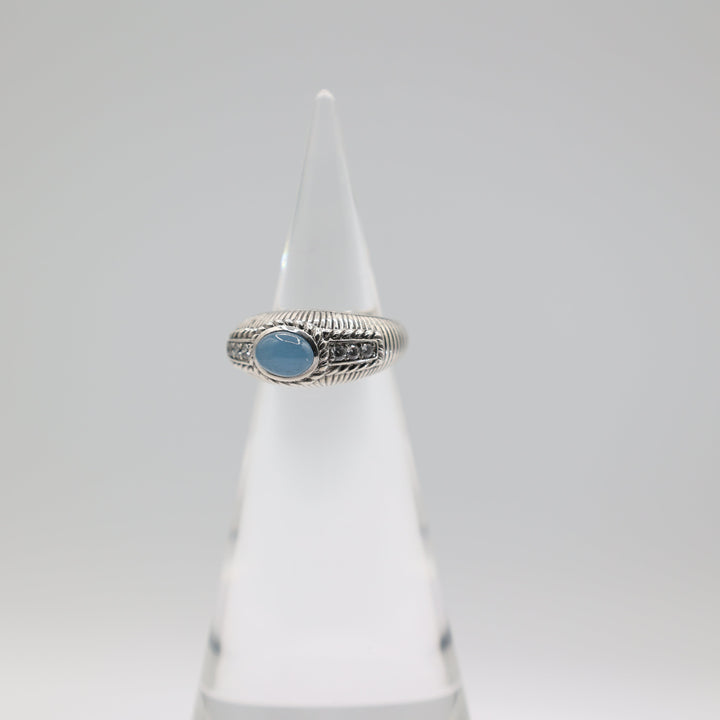 Judith Ripka 925 Sterling Silver Blue Chalcedony Cabochon Gemstone Ring with Diamond Accents Size 8