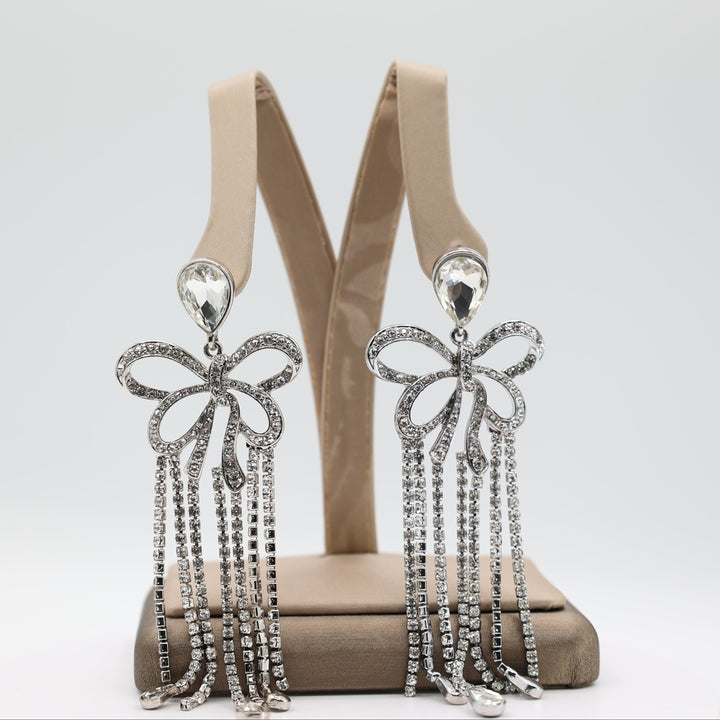 Costume Silver Plated Bow Rhinestone Dangle Earrings