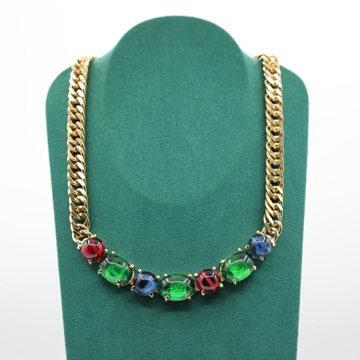Christian Dior Gold Plated Necklace with Green Red Blue Colored Resin