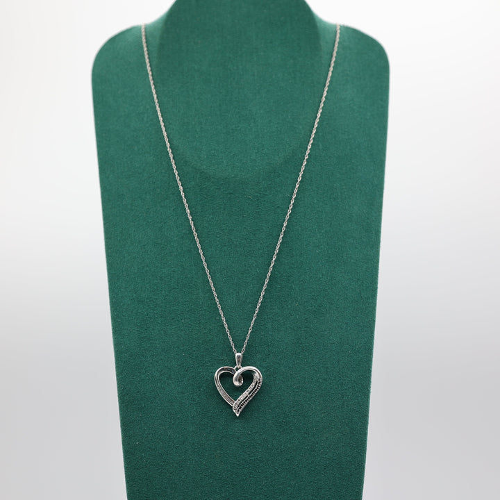 14k White Gold Heart Necklace with White Diamonds and Black Onyx Stones 18in