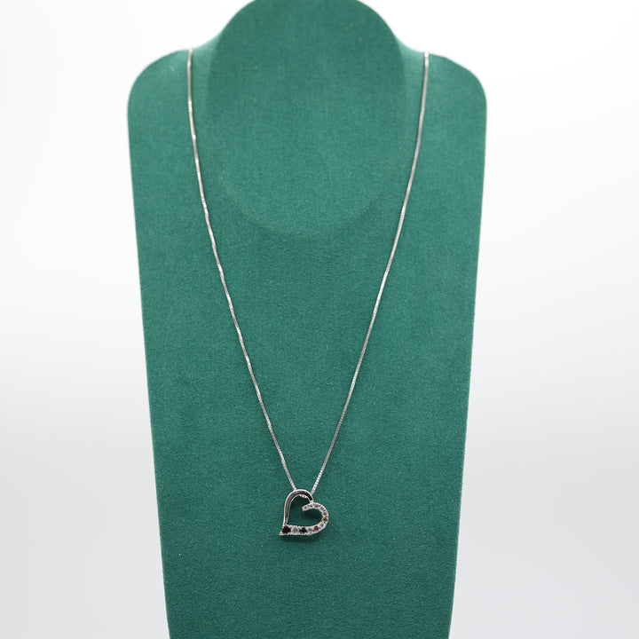 14K White Gold 24 Inch Chain Open Heart Pendant Necklace with Garnet Blue Topaz Citrine Pink Quartz and White Spinel Stones