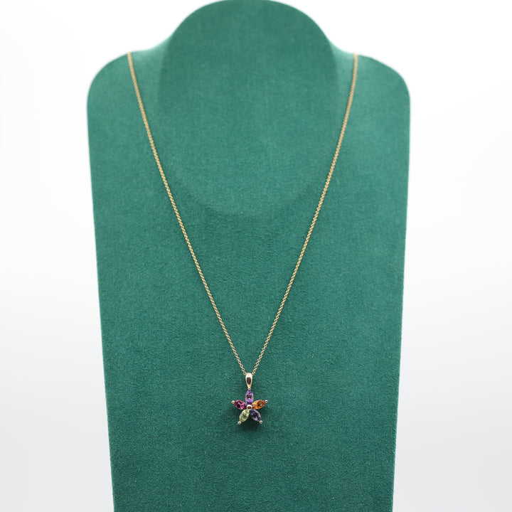 14k Yellow Gold Multicolor CZ Stones Flower Pendant Necklace 13mm 17in