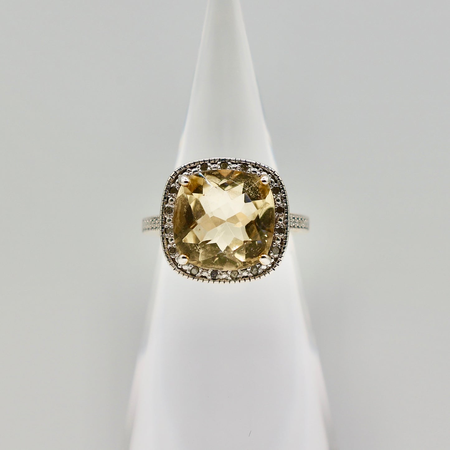 BBJ Sterling Citrine & Diamonds Halo Ring - Size 5.5