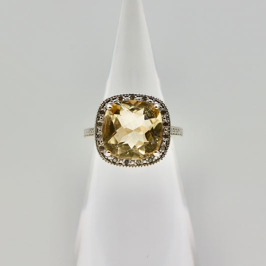 BBJ Sterling Citrine & Diamonds Halo Ring - Size 5.5