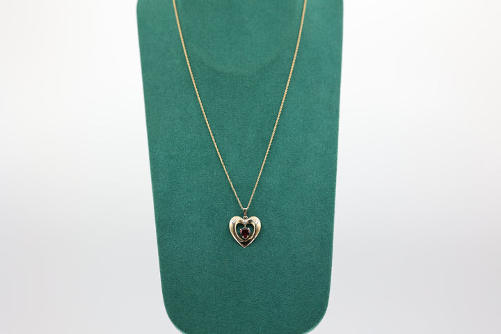 14k Yellow Gold 20 Inch Chain with Heart Pendant and Garnet Stone Diamond Accent Necklace