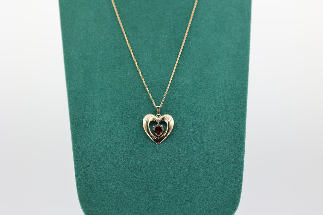 14k Yellow Gold 20 Inch Chain with Heart Pendant and Garnet Stone Diamond Accent Necklace