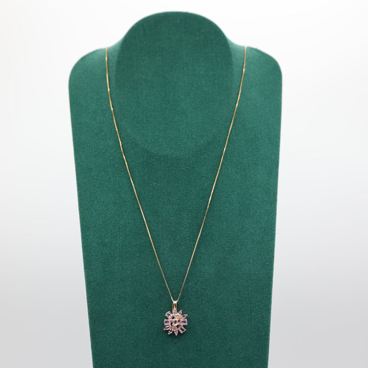 14k Yellow Gold 18 Inch Chain with Pink Sapphire Flower Pendant