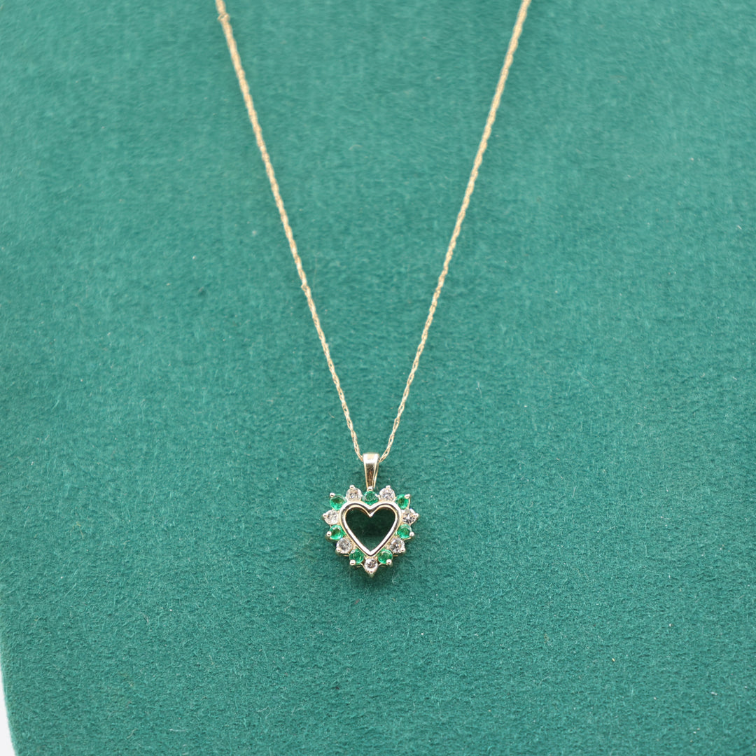14k Yellow Gold 20 Inch Chain Open Heart Emerald Diamond Pendant Necklace