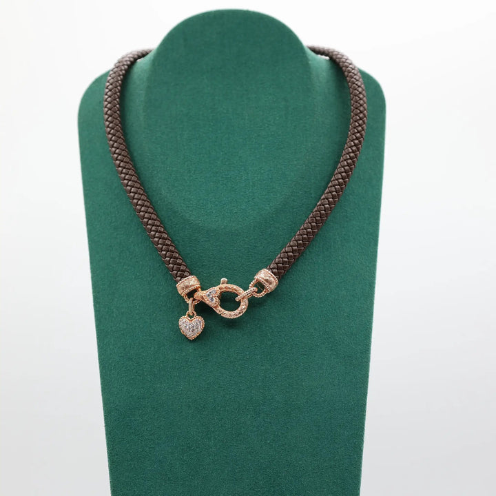Judith Ripka Brown Braided Leather Choker And Rose Gold Pave Heart Necklace by Annie McConnell's Renewed Elegance
