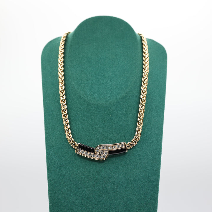 Swarovski Swan Black Enamel Crystal Gold Chain Necklace
