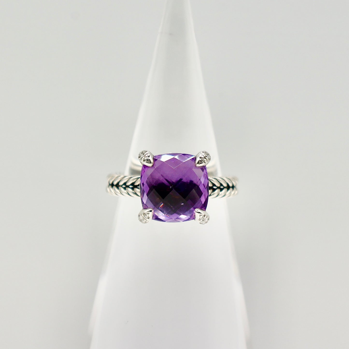 925 Sterling Silver David Yurman Chatelaine 11.0mm Amethyst w/ Diamonds Ring 5.51g Size 7