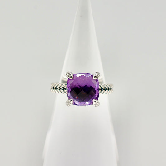 925 Sterling Silver David Yurman Chatelaine 11.0mm Amethyst w/ Diamonds Ring 5.51g Size 7