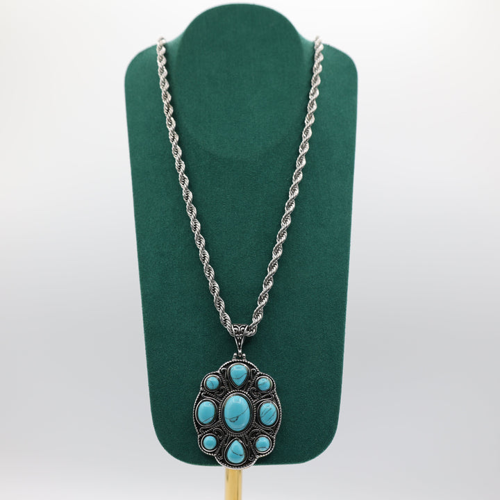 Costume Silver Tone Rope Chain with Faux Turquoise Stones Pendant Necklace