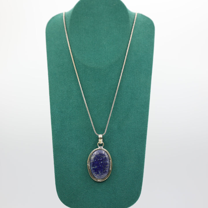 925 Sterling Silver 19 Inch Chain Oval 31x21mm Blue Lapis Lazuli Pendant Necklace