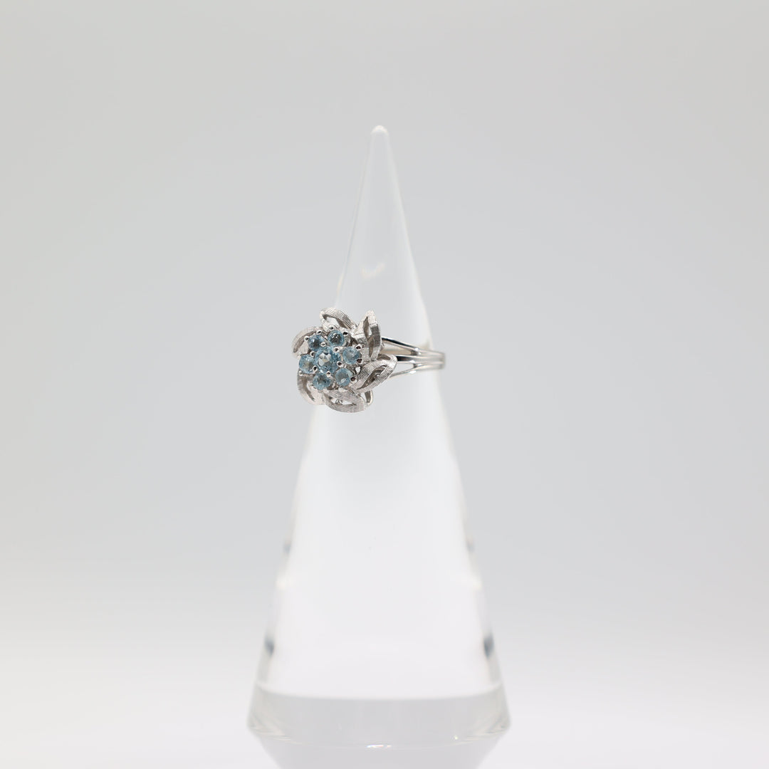 14k White Gold Three Band Flower & Aqua Stones Ring Size 7.25