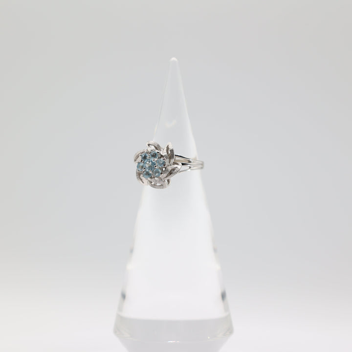 14k White Gold Three Band Flower & Aqua Stones Ring Size 7.25