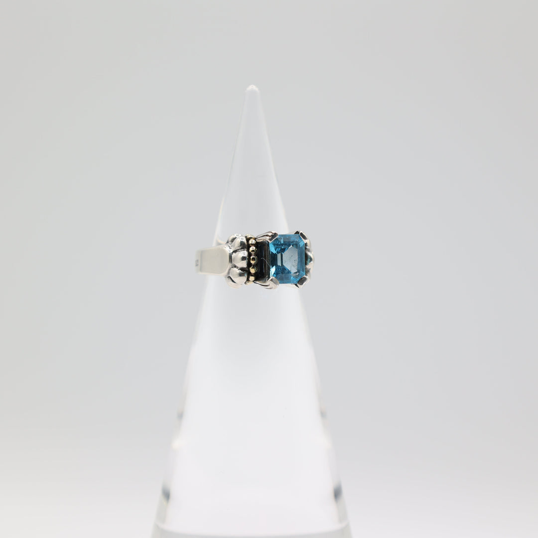 Lagos Caviar 925 and 750/18k Yellow Gold Blue Topaz Glacier Ring Size 7