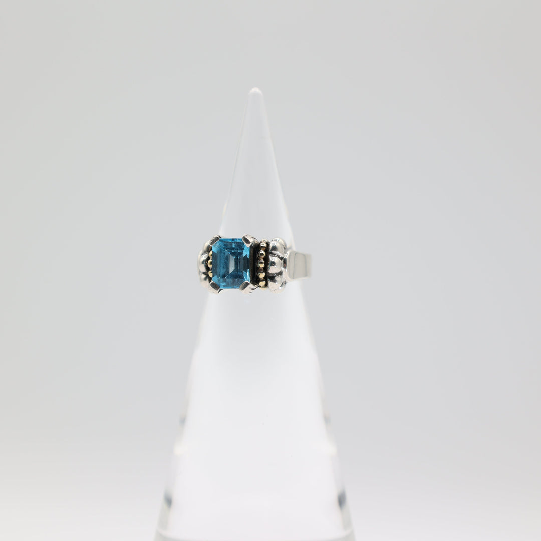 Lagos Caviar 925 and 750/18k Yellow Gold Blue Topaz Glacier Ring Size 7