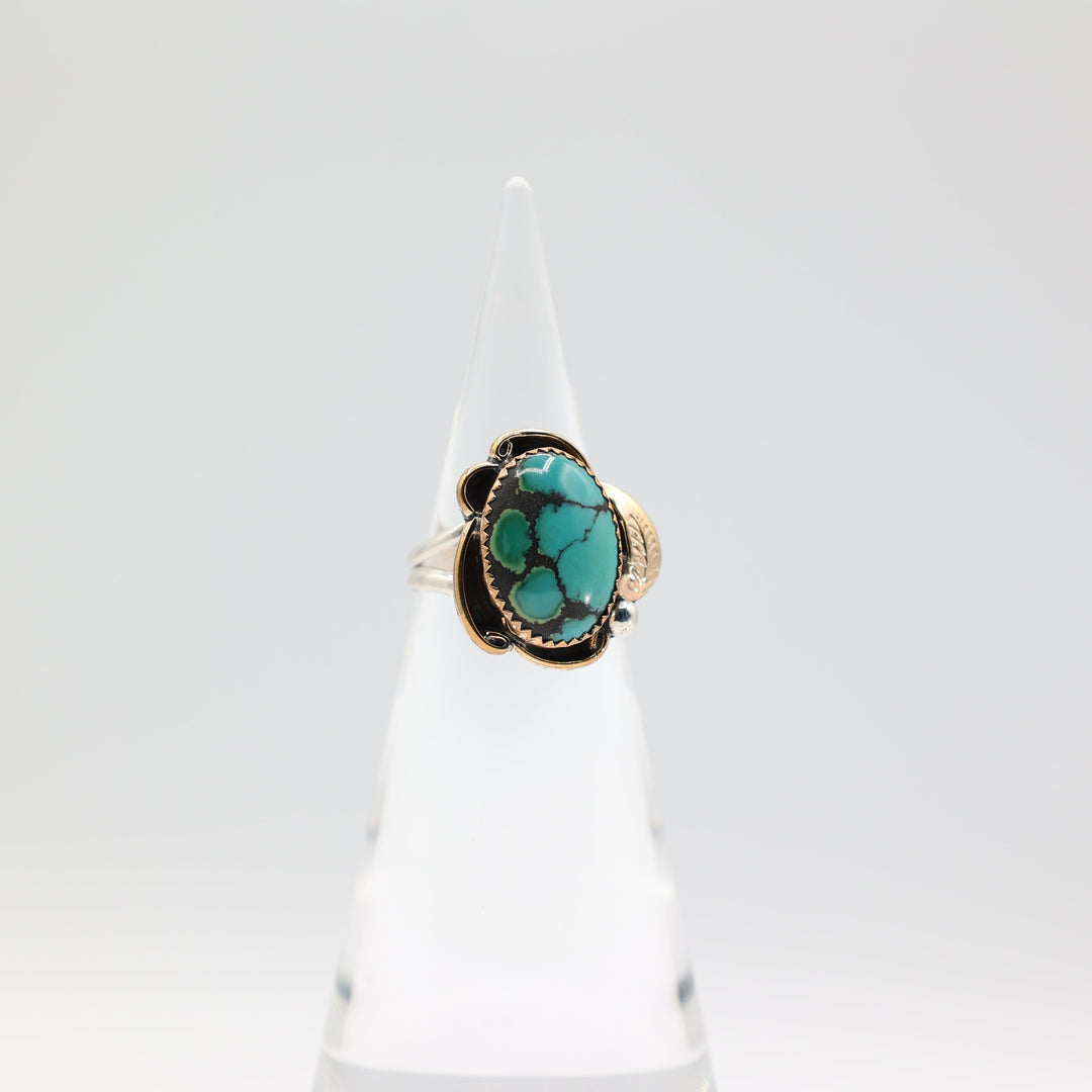 925 Sterling Silver Herbert Tsosie Navajo Turquoise Cabochon Southwestern Ring Size 8.5