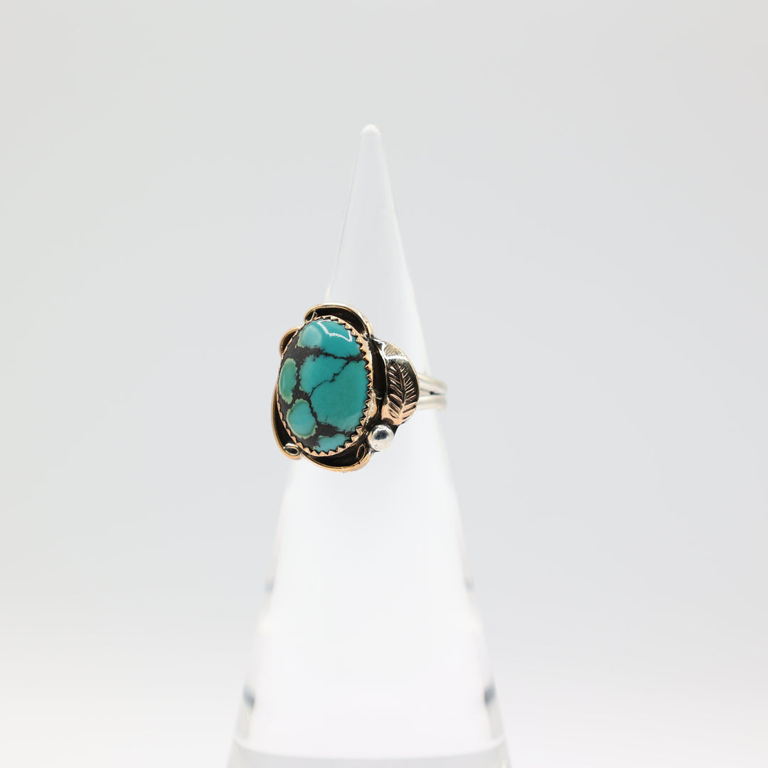 925 Sterling Silver Herbert Tsosie Navajo Turquoise Cabochon Southwestern Ring Size 8.5