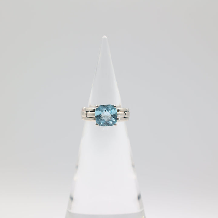JAI By John Hardy 925 Sterling Silver Checkerboard Cushion Blue Topaz Ring Size 9