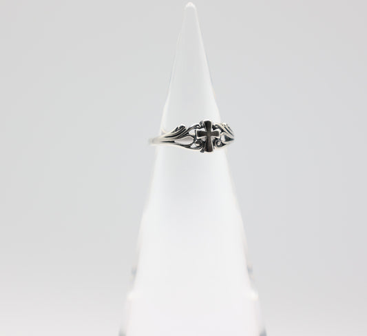 Dainty Sterling Silver Cross Ring with Filigree Sides - Size 6