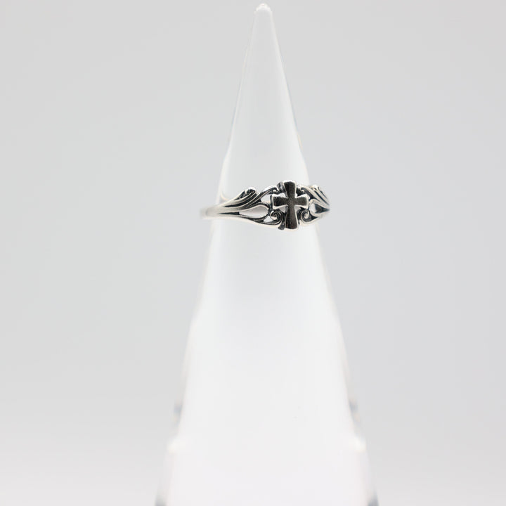 Dainty Sterling Silver Cross Ring with Filigree Sides - Size 6