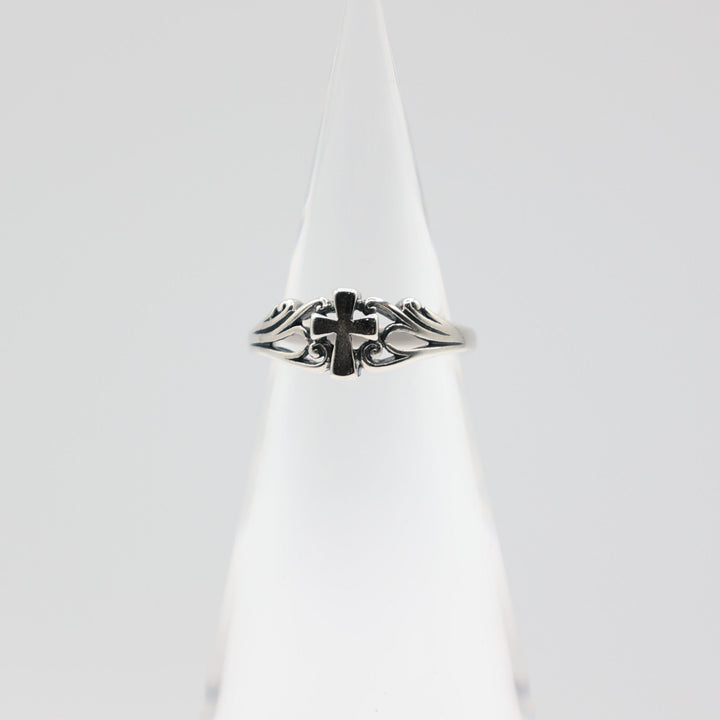Dainty Sterling Silver Cross Ring with Filigree Sides - Size 6