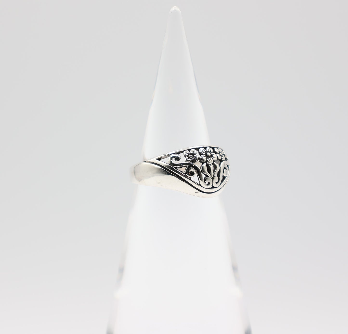 925 Sterling Silver Swirl & Flower Ring Size 10