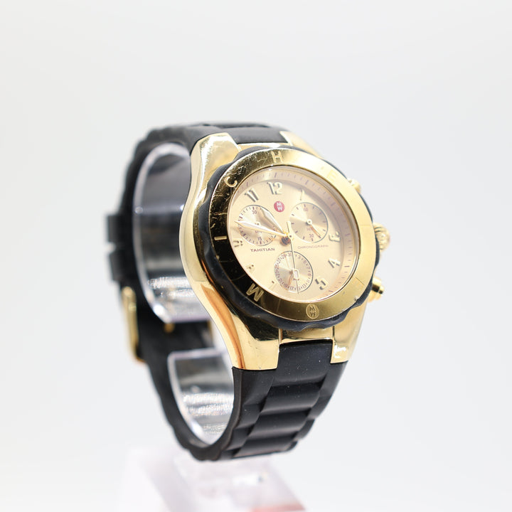 Michele Jelly Bean Black Silicone Band Gold Dial Watch