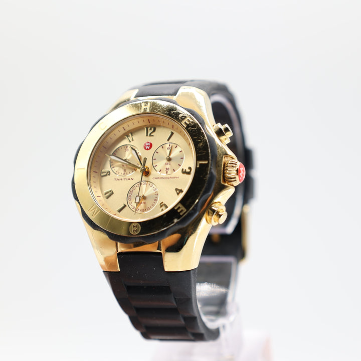 Michele Jelly Bean Black Silicone Band Gold Dial Watch