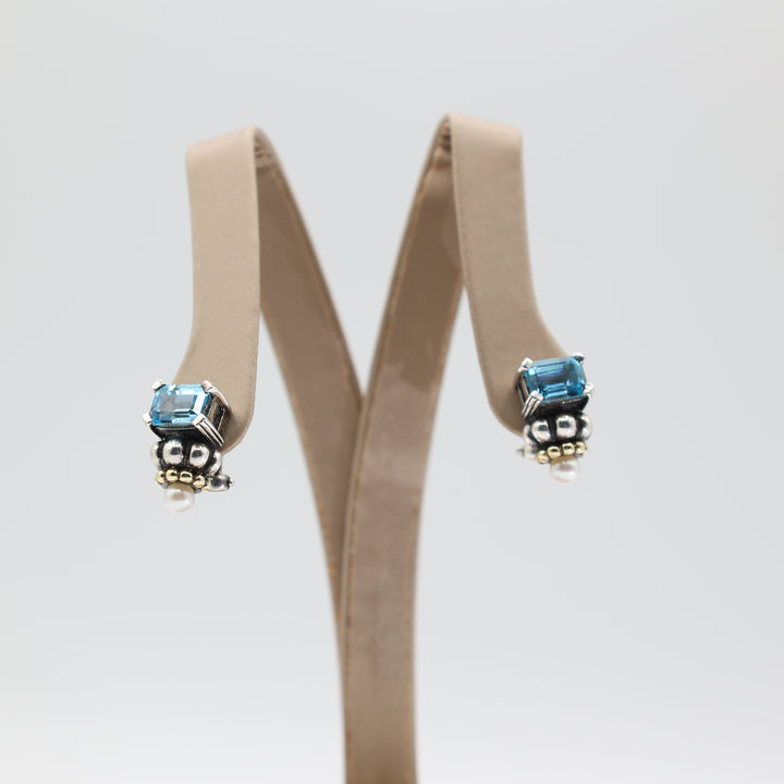 Lagos Caviar 925 and 750/18K Yellow Gold Blue Topaz and Pearl Omega Earrings