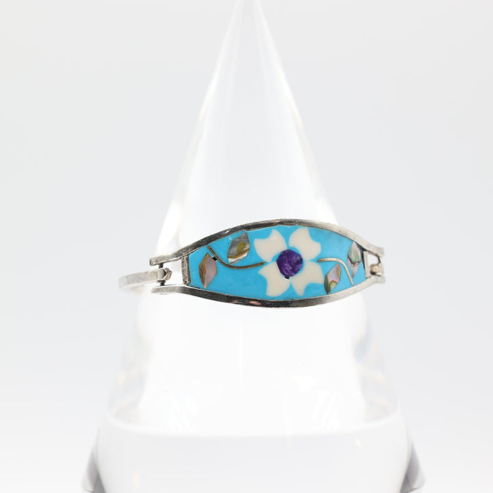 925 Sterling Silver Mexican Alpaca with Abalone Inlay and Mother of Pearl Hinged Bracelet