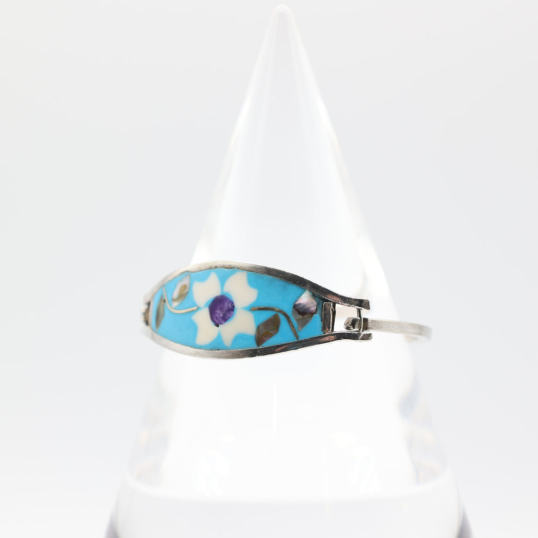 925 Sterling Silver Mexican Alpaca with Abalone Inlay and Mother of Pearl Hinged Bracelet